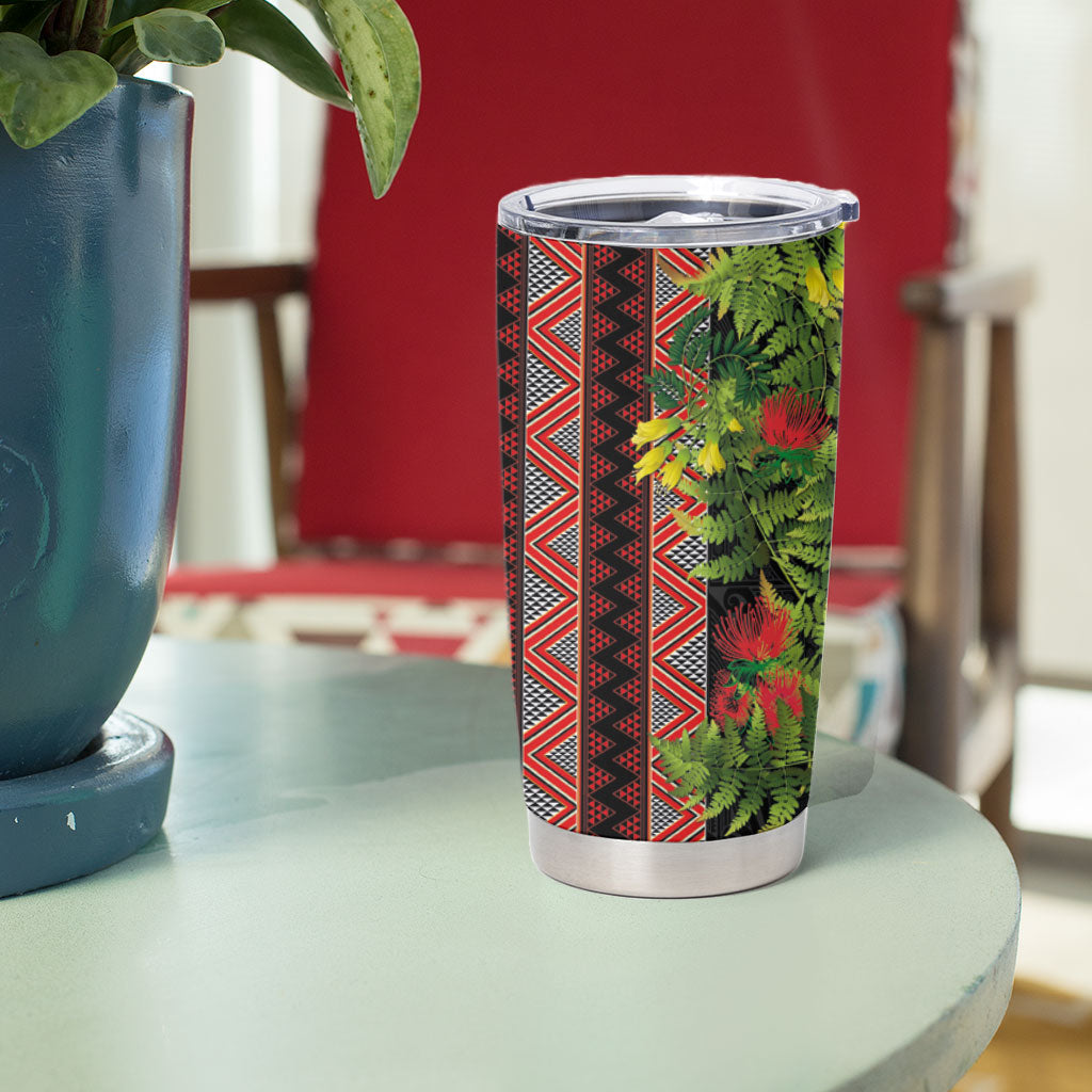 Maori Tukutuku Tumbler Cup with Ferns Pohutukawa and Kowhai Tribal Moko Patterns