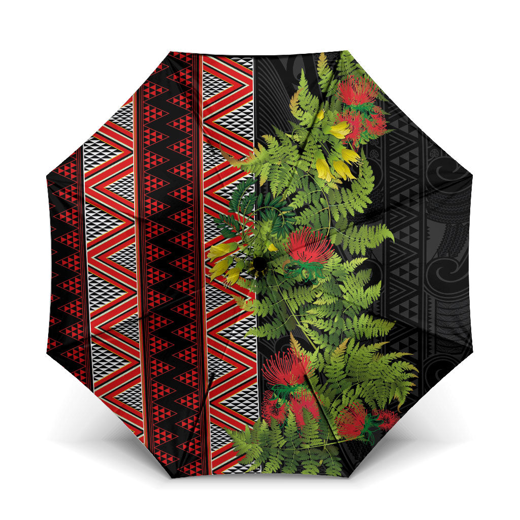 Maori Tukutuku Umbrella with Ferns Pohutukawa and Kowhai Tribal Moko Patterns