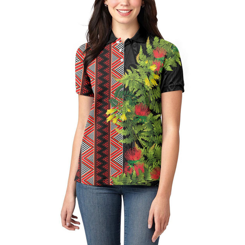 Maori Tukutuku Women Polo Shirt with Ferns Pohutukawa and Kowhai Tribal Moko Patterns