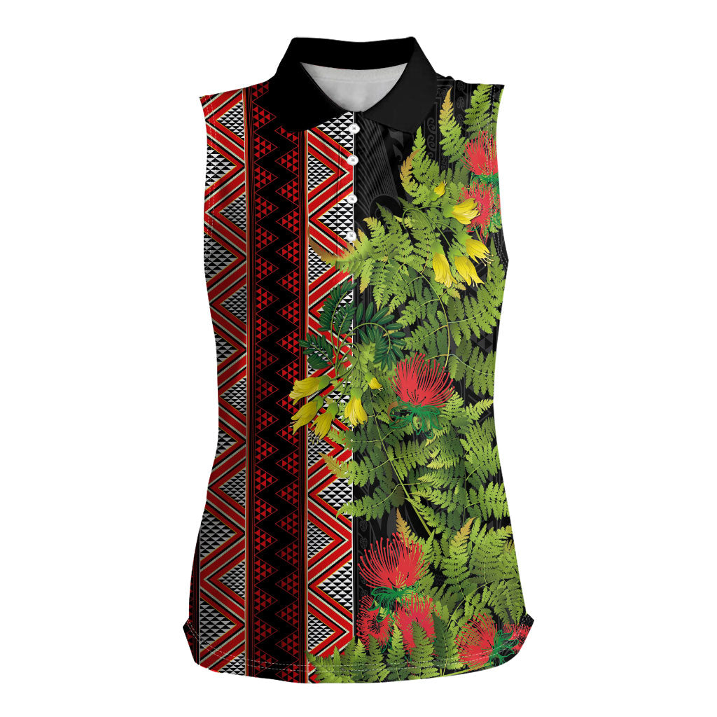 Maori Tukutuku Women Sleeveless Polo Shirt with Ferns Pohutukawa and Kowhai Tribal Moko Patterns