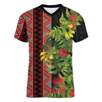 Maori Tukutuku Women V-Neck T-Shirt with Ferns Pohutukawa and Kowhai Tribal Moko Patterns