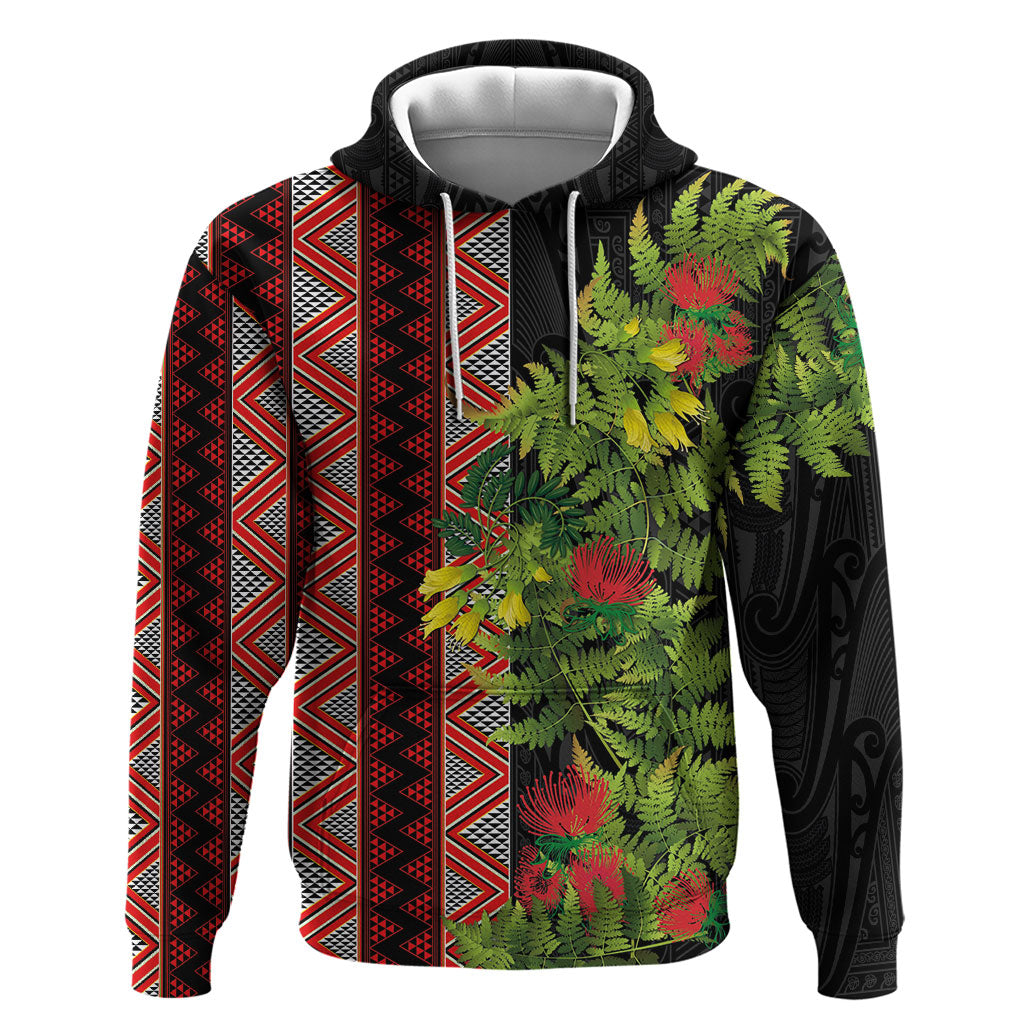 Maori Tukutuku Zip Hoodie with Ferns Pohutukawa and Kowhai Tribal Moko Patterns