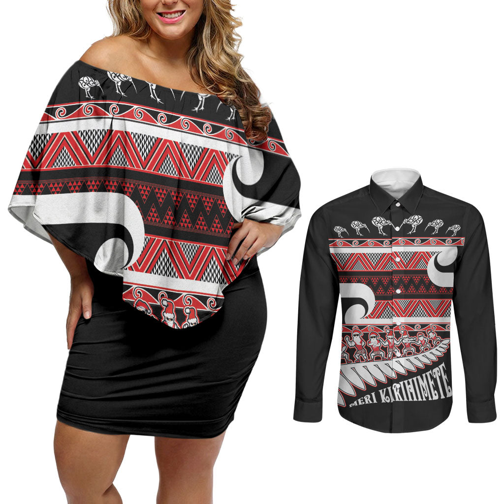 New Zealand Christmas Couples Matching Off Shoulder Short Dress and Long Sleeve Button Shirt Funny Santa Claus Haka Dance with Tukutuku