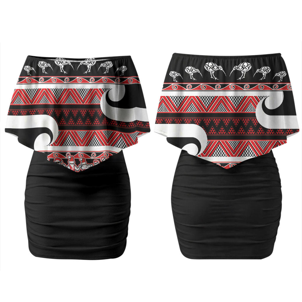 New Zealand Christmas Couples Matching Off Shoulder Short Dress and Long Sleeve Button Shirt Funny Santa Claus Haka Dance with Tukutuku