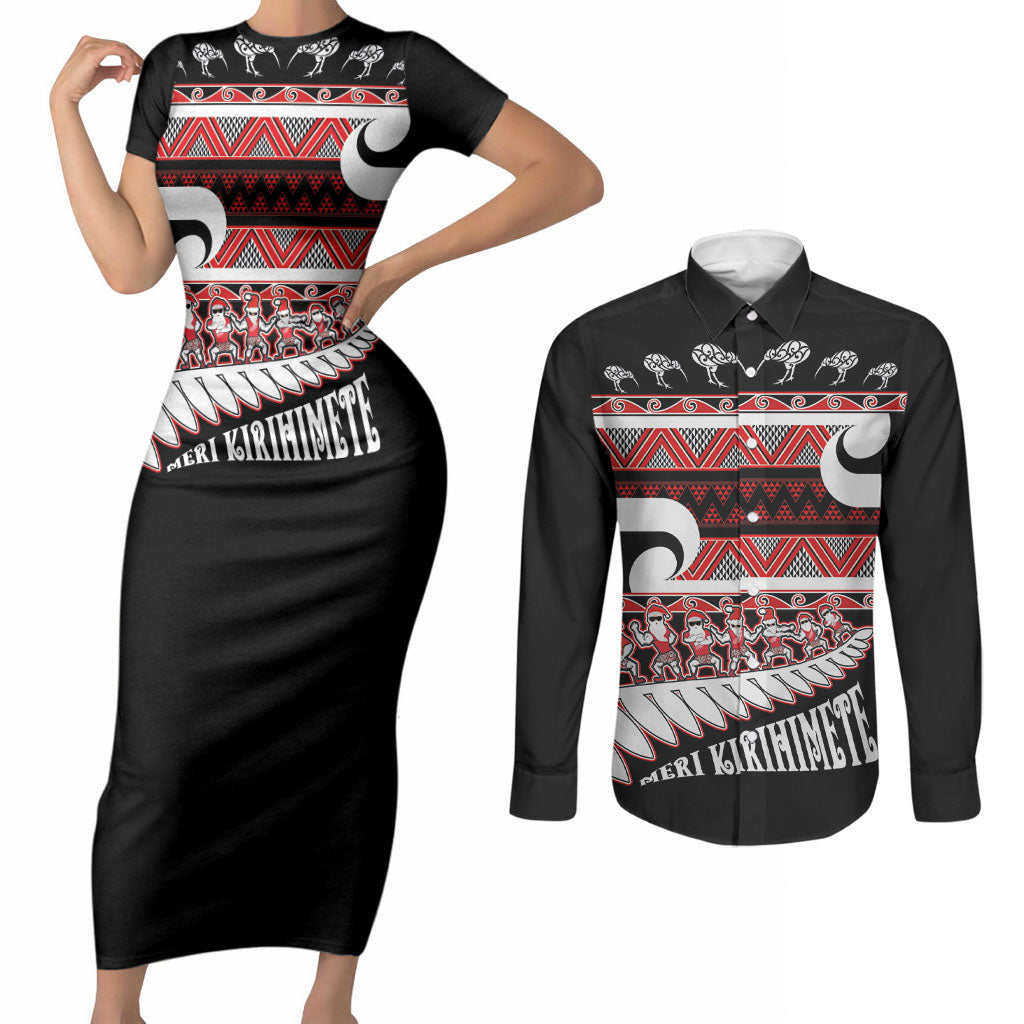 New Zealand Christmas Couples Matching Short Sleeve Bodycon Dress and Long Sleeve Button Shirt Funny Santa Claus Haka Dance with Tukutuku LT03 Multicolor - Polynesian Pride