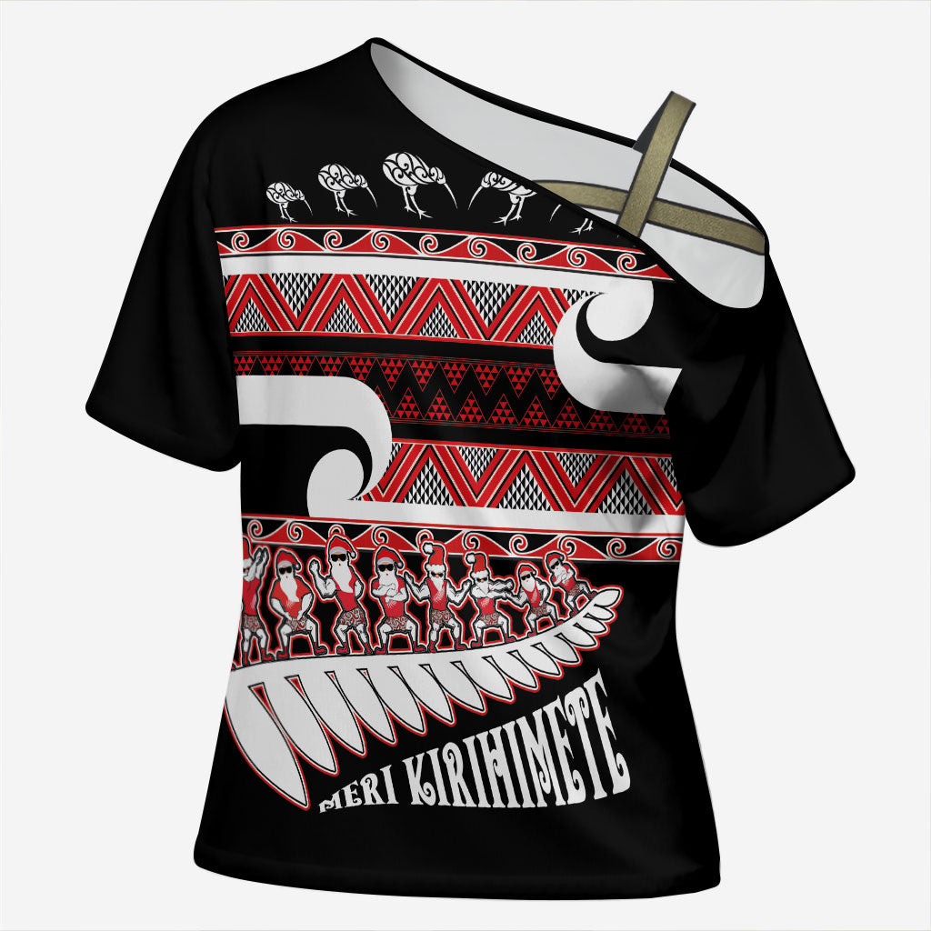 New Zealand Christmas Cross Shoulder Shirt Funny Santa Claus Haka Dance with Tukutuku