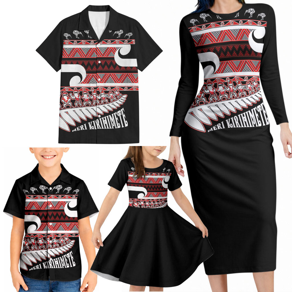 New Zealand Christmas Family Matching Long Sleeve Bodycon Dress and Hawaiian Shirt Funny Santa Claus Haka Dance with Tukutuku LT03 - Polynesian Pride