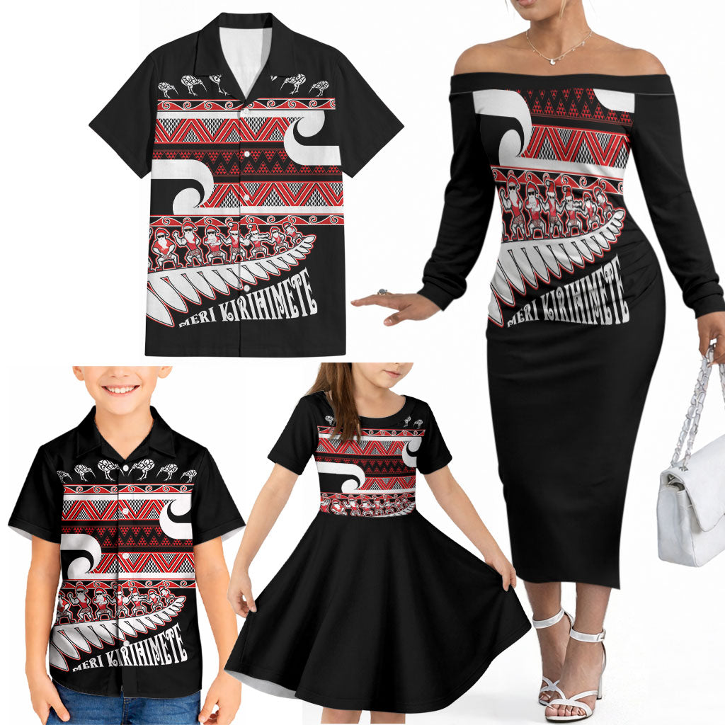 New Zealand Christmas Family Matching Off The Shoulder Long Sleeve Dress and Hawaiian Shirt Funny Santa Claus Haka Dance with Tukutuku LT03 - Polynesian Pride