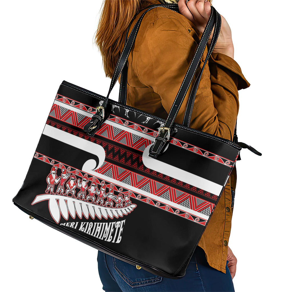 New Zealand Christmas Leather Tote Bag Funny Santa Claus Haka Dance with Tukutuku