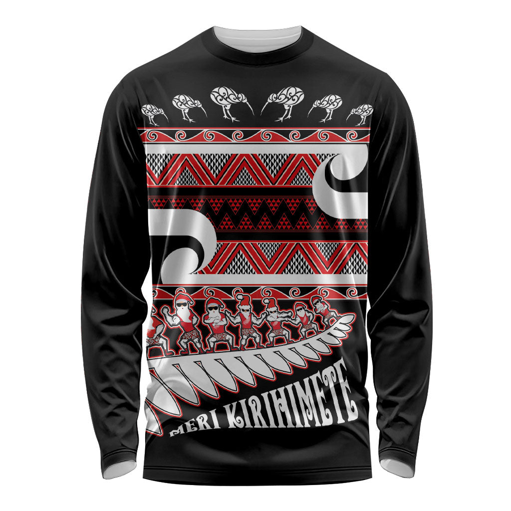 New Zealand Christmas Long Sleeve Shirt Funny Santa Claus Haka Dance with Tukutuku