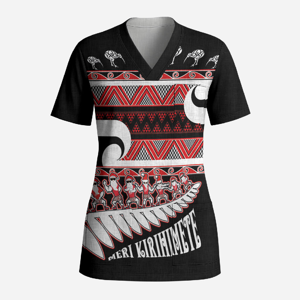 New Zealand Christmas Scrub Top Funny Santa Claus Haka Dance with Tukutuku
