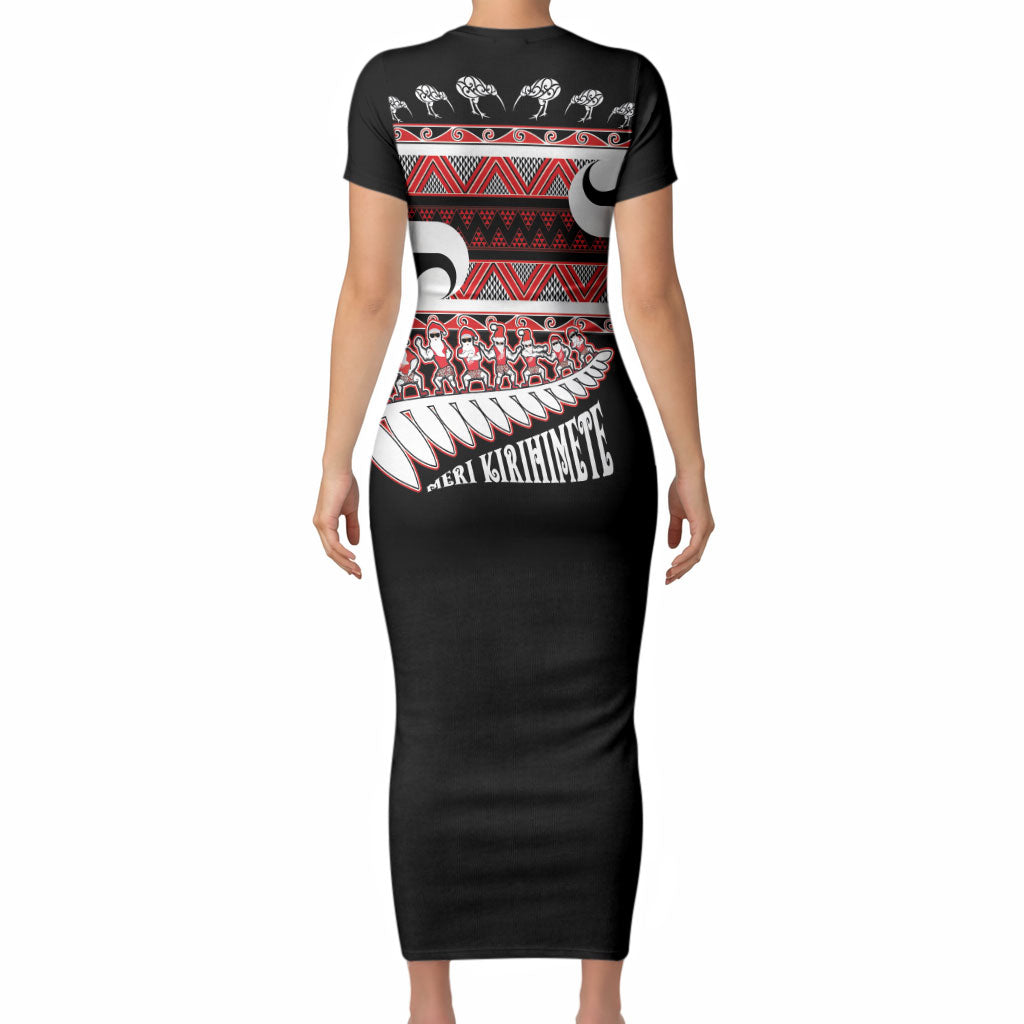 New Zealand Christmas Short Sleeve Bodycon Dress Funny Santa Claus Haka Dance with Tukutuku