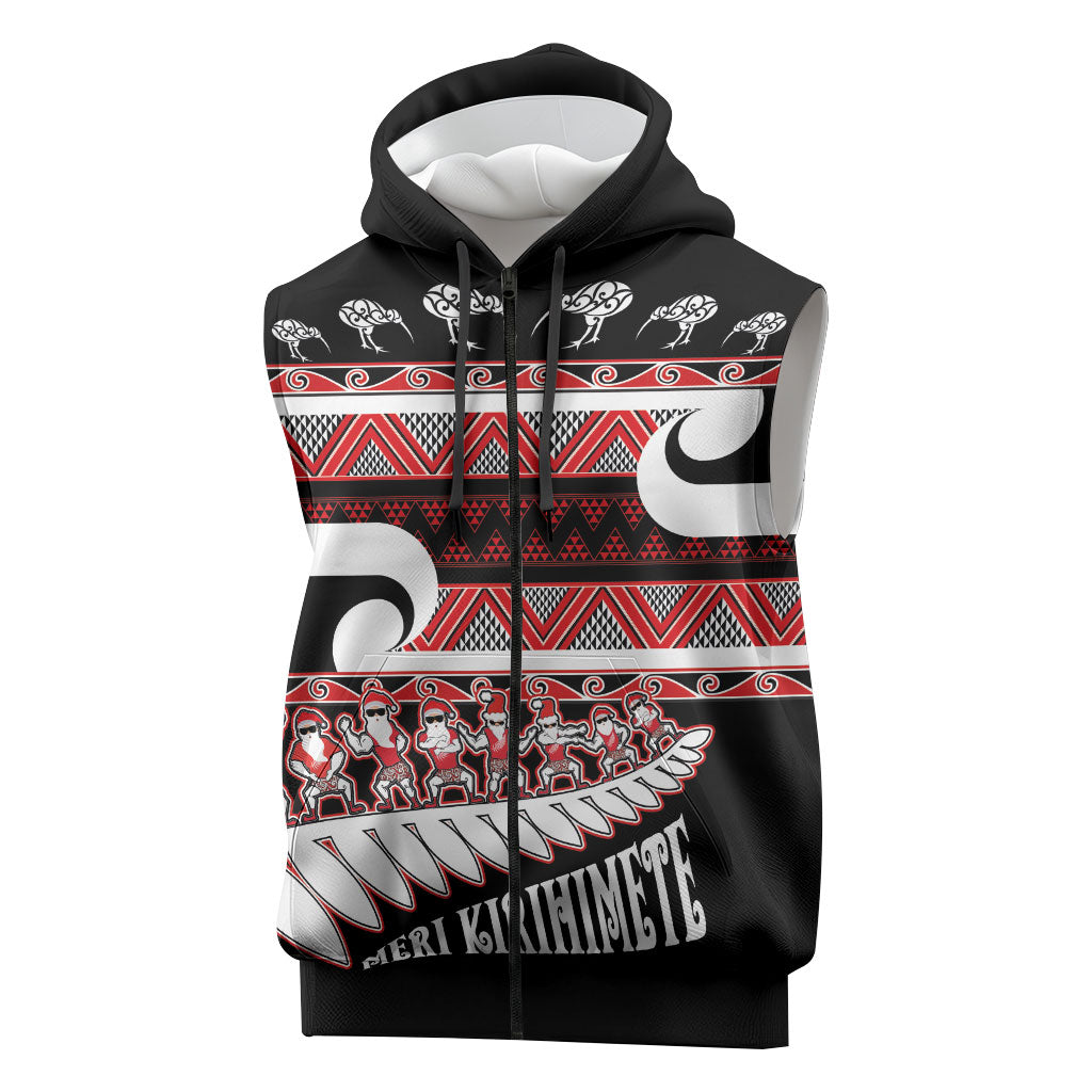 New Zealand Christmas Sleeveless Zip Hoodie Funny Santa Claus Haka Dance with Tukutuku