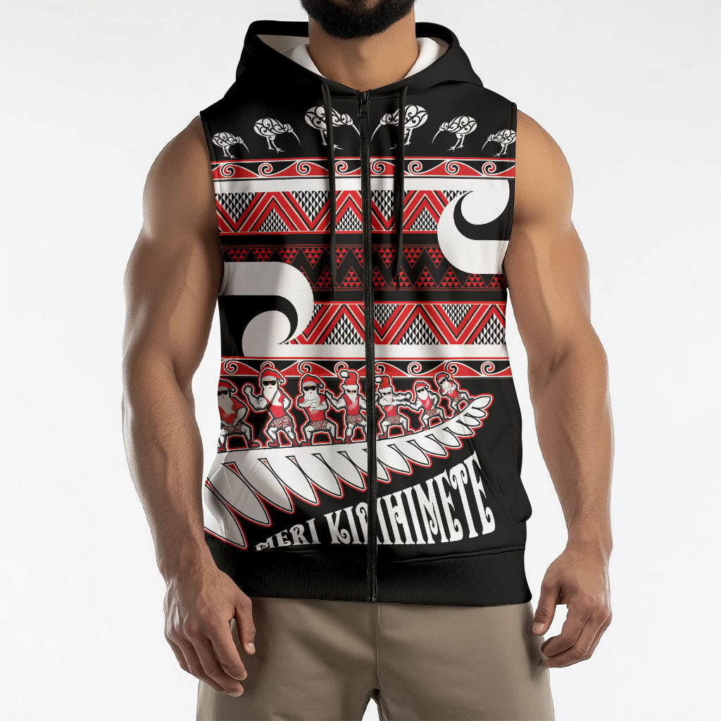 New Zealand Christmas Sleeveless Zip Hoodie Funny Santa Claus Haka Dance with Tukutuku