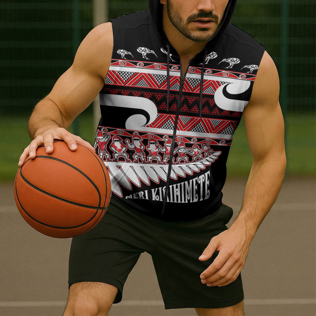 New Zealand Christmas Sleeveless Zip Hoodie Funny Santa Claus Haka Dance with Tukutuku