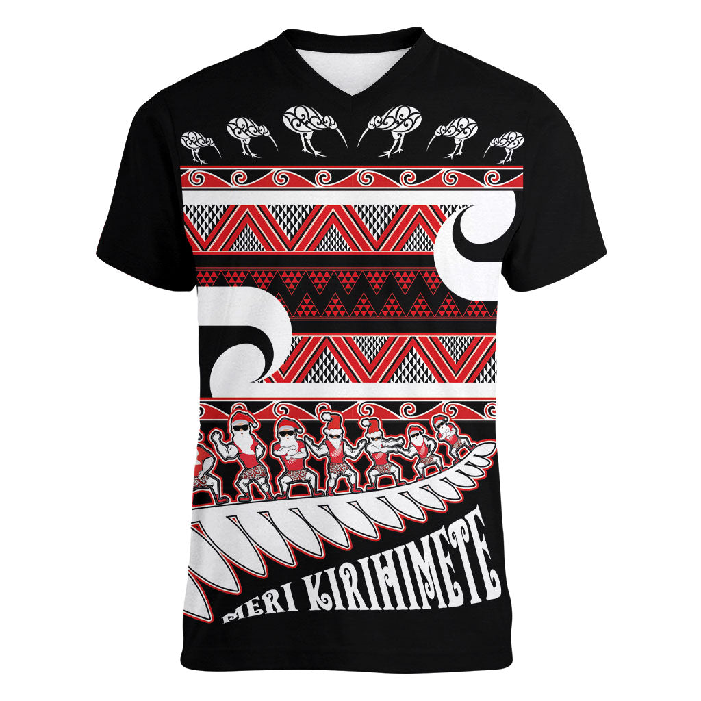 New Zealand Christmas Women V-Neck T-Shirt Funny Santa Claus Haka Dance with Tukutuku