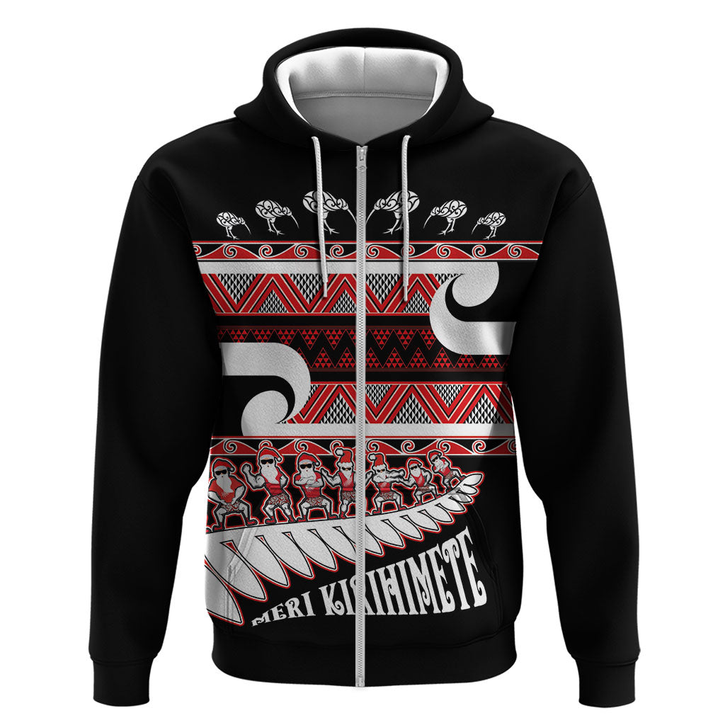 New Zealand Christmas Zip Hoodie Funny Santa Claus Haka Dance with Tukutuku