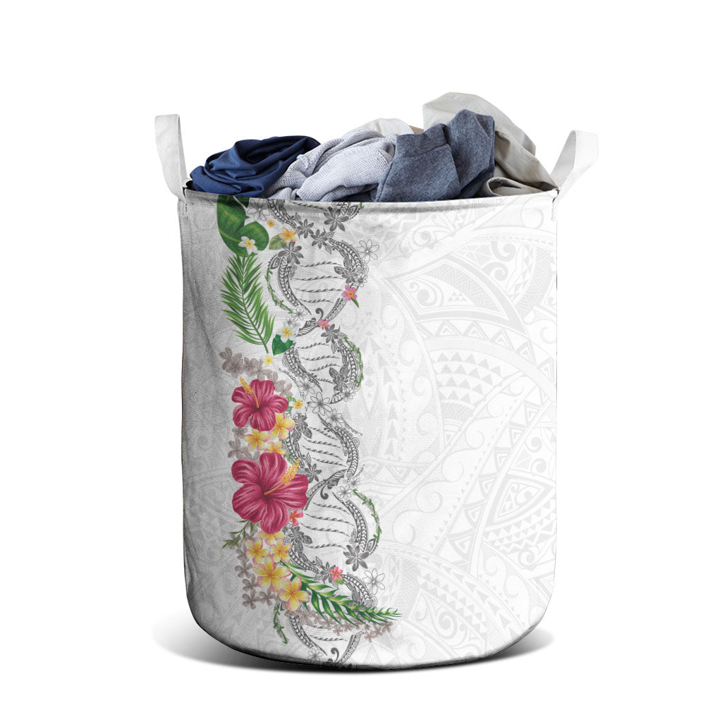Hawaii DNA Kakau Tattoo Laundry Basket with Plumeria and Hibiscus Tropical Plants White Color