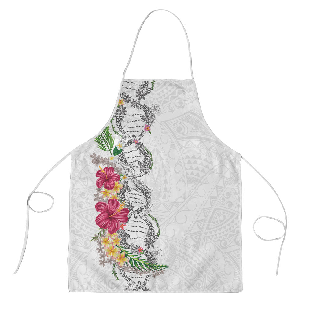 Hawaii DNA Kakau Tattoo Apron with Plumeria and Hibiscus Tropical Plants White Color
