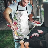 Hawaii DNA Kakau Tattoo Apron with Plumeria and Hibiscus Tropical Plants White Color