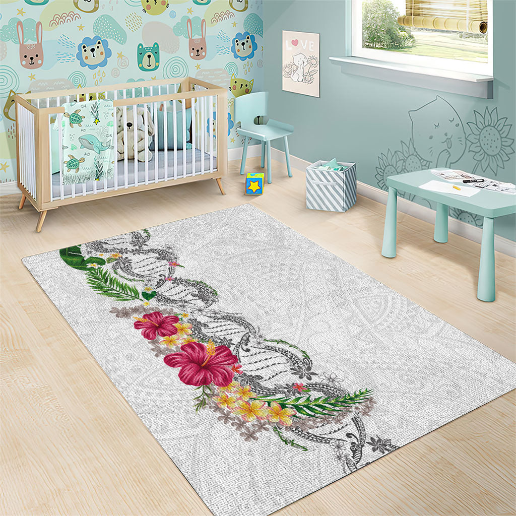 Hawaii DNA Kakau Tattoo Area Rug with Plumeria and Hibiscus Tropical Plants White Color
