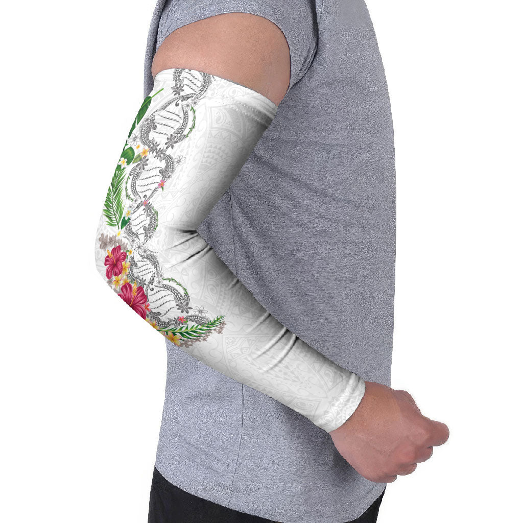Hawaii DNA Kakau Tattoo Arm Sleeves with Plumeria and Hibiscus Tropical Plants White Color