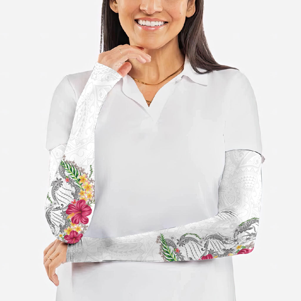 Hawaii DNA Kakau Tattoo Arm Sleeves with Plumeria and Hibiscus Tropical Plants White Color