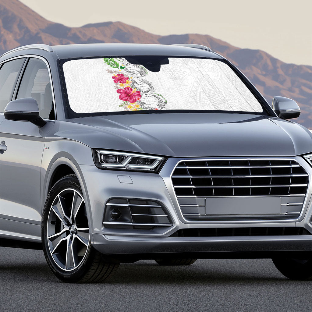 Hawaii DNA Kakau Tattoo Auto Sun Shade with Plumeria and Hibiscus Tropical Plants White Color