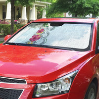 Hawaii DNA Kakau Tattoo Auto Sun Shade with Plumeria and Hibiscus Tropical Plants White Color