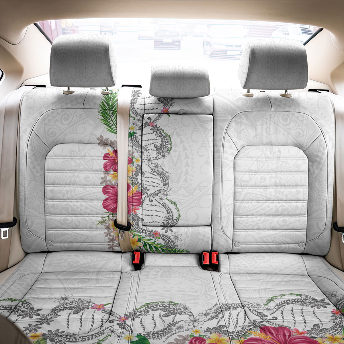 Hawaii DNA Kakau Tattoo Back Car Seat Cover with Plumeria and Hibiscus Tropical Plants White Color