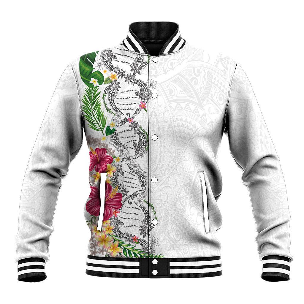 Hawaii DNA Kakau Tattoo Baseball Jacket with Plumeria and Hibiscus Tropical Plants White Color