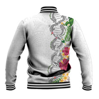 Hawaii DNA Kakau Tattoo Baseball Jacket with Plumeria and Hibiscus Tropical Plants White Color