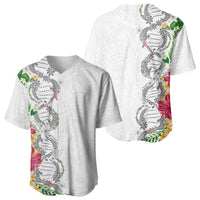 Hawaii DNA Kakau Tattoo Baseball Jersey with Plumeria and Hibiscus Tropical Plants White Color
