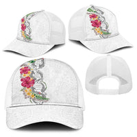 Hawaii DNA Kakau Tattoo Baseball Net Cap with Plumeria and Hibiscus Tropical Plants White Color