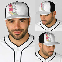 Hawaii DNA Kakau Tattoo Baseball Net Cap with Plumeria and Hibiscus Tropical Plants White Color