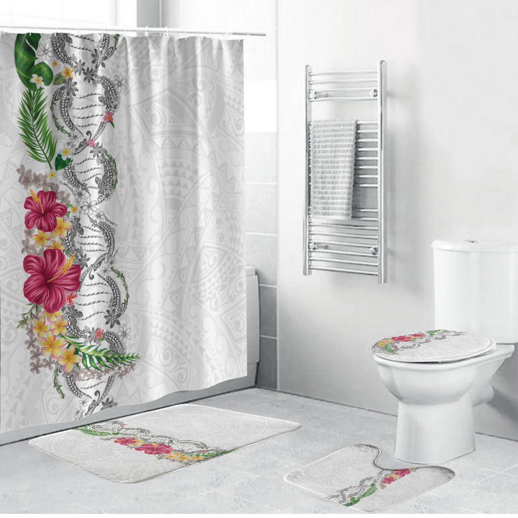 Hawaii DNA Kakau Tattoo Bathroom Set with Plumeria and Hibiscus Tropical Plants White Color