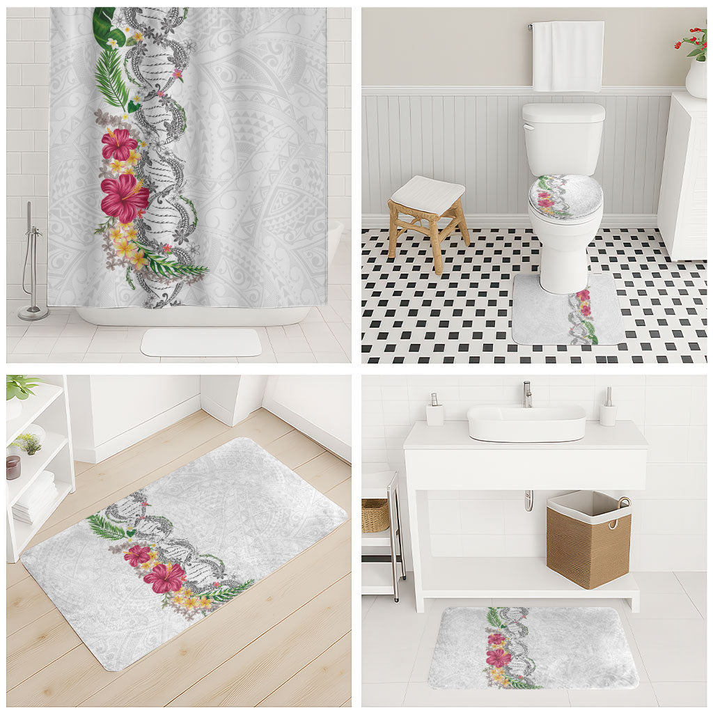 Hawaii DNA Kakau Tattoo Bathroom Set with Plumeria and Hibiscus Tropical Plants White Color