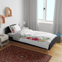Hawaii DNA Kakau Tattoo Bedding Set with Plumeria and Hibiscus Tropical Plants White Color