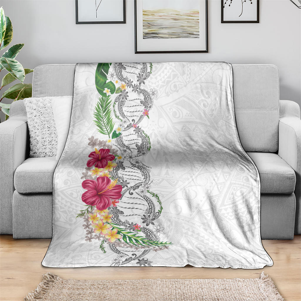Hawaii DNA Kakau Tattoo Blanket with Plumeria and Hibiscus Tropical Plants White Color
