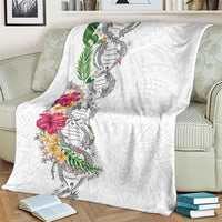 Hawaii DNA Kakau Tattoo Blanket with Plumeria and Hibiscus Tropical Plants White Color