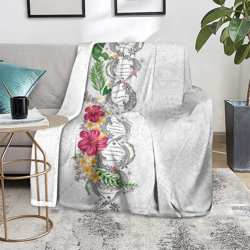 Hawaii DNA Kakau Tattoo Blanket with Plumeria and Hibiscus Tropical Plants White Color