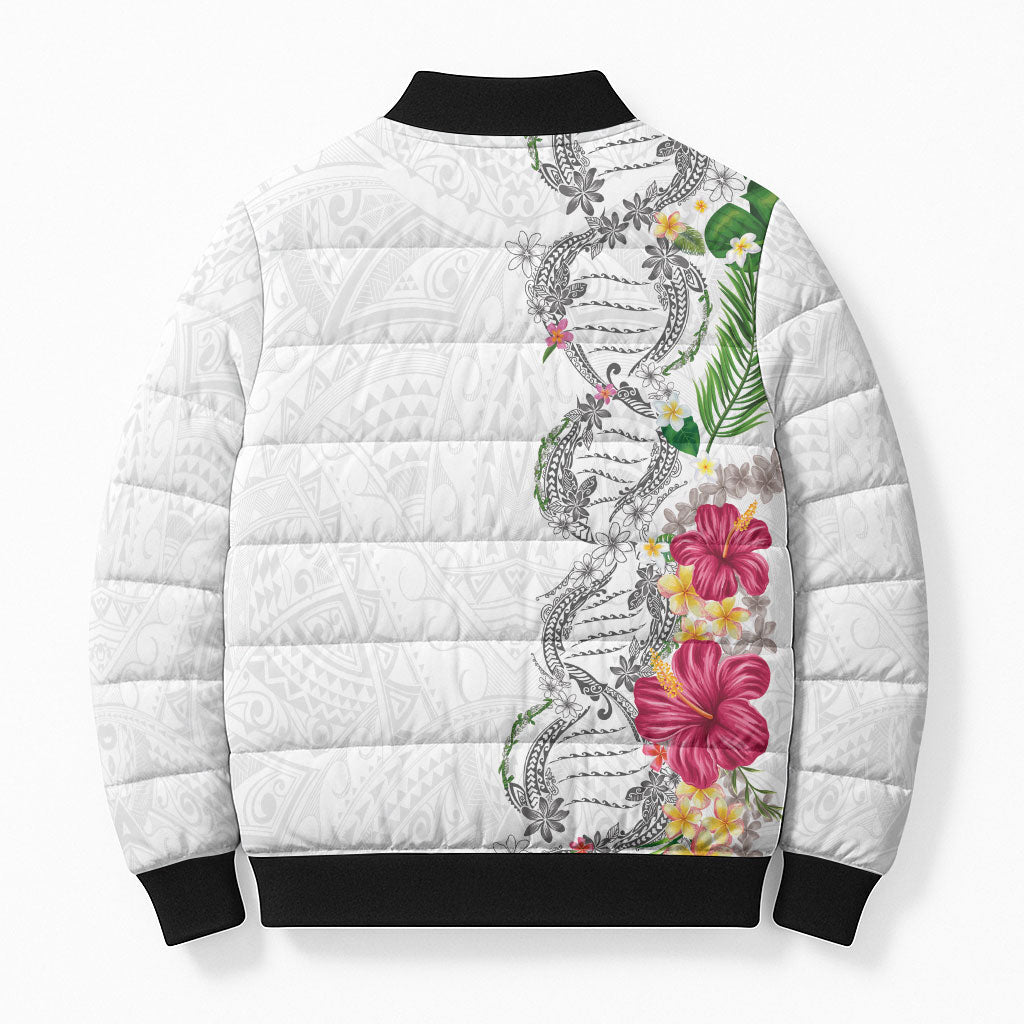 Hawaii DNA Kakau Tattoo Bomber Puffer Jacket with Plumeria and Hibiscus Tropical Plants White Color