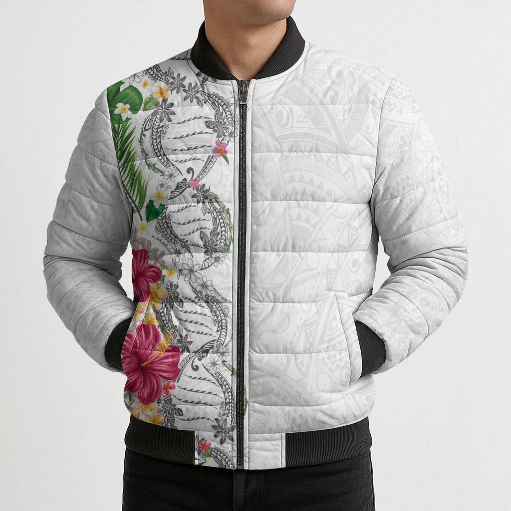 Hawaii DNA Kakau Tattoo Bomber Puffer Jacket with Plumeria and Hibiscus Tropical Plants White Color