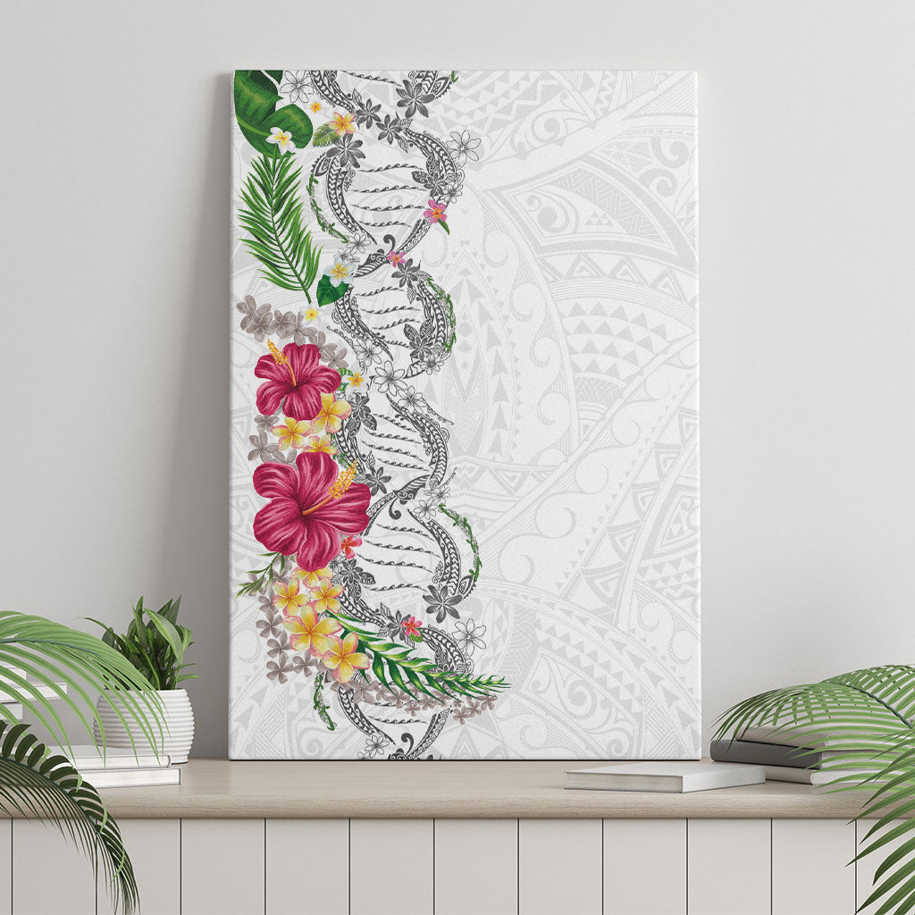 Hawaii DNA Kakau Tattoo Canvas Wall Art with Plumeria and Hibiscus Tropical Plants White Color