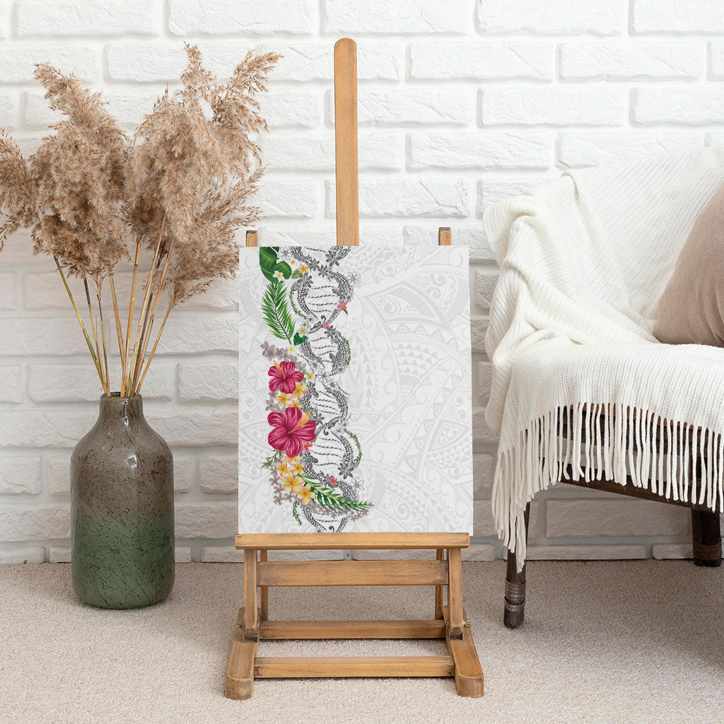 Hawaii DNA Kakau Tattoo Canvas Wall Art with Plumeria and Hibiscus Tropical Plants White Color