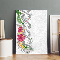 Hawaii DNA Kakau Tattoo Canvas Wall Art with Plumeria and Hibiscus Tropical Plants White Color