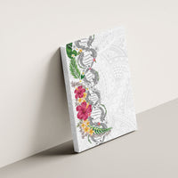 Hawaii DNA Kakau Tattoo Canvas Wall Art with Plumeria and Hibiscus Tropical Plants White Color