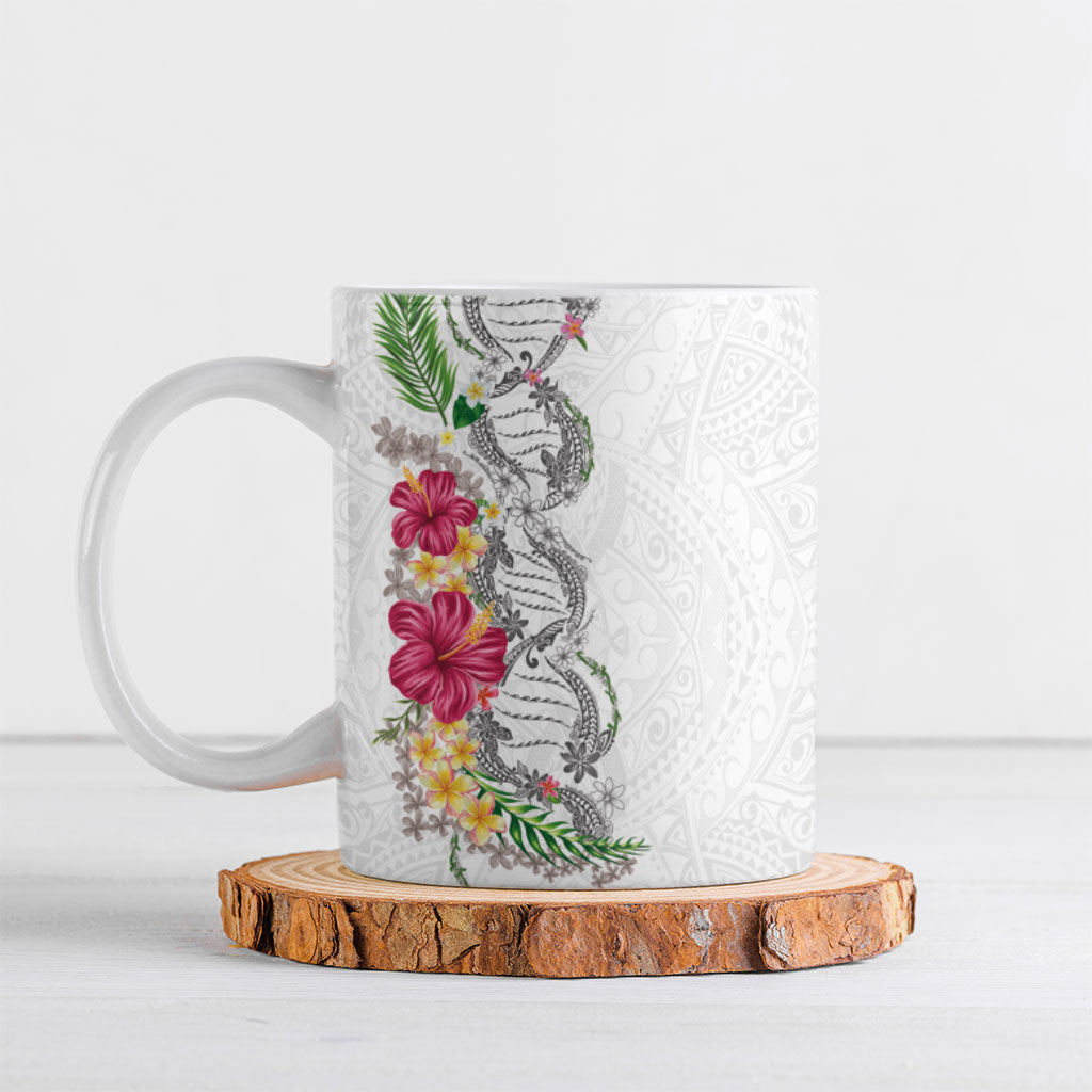 Hawaii DNA Kakau Tattoo Ceramic Mug with Plumeria and Hibiscus Tropical Plants White Color