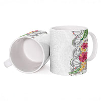 Hawaii DNA Kakau Tattoo Ceramic Mug with Plumeria and Hibiscus Tropical Plants White Color