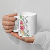 Hawaii DNA Kakau Tattoo Ceramic Mug with Plumeria and Hibiscus Tropical Plants White Color